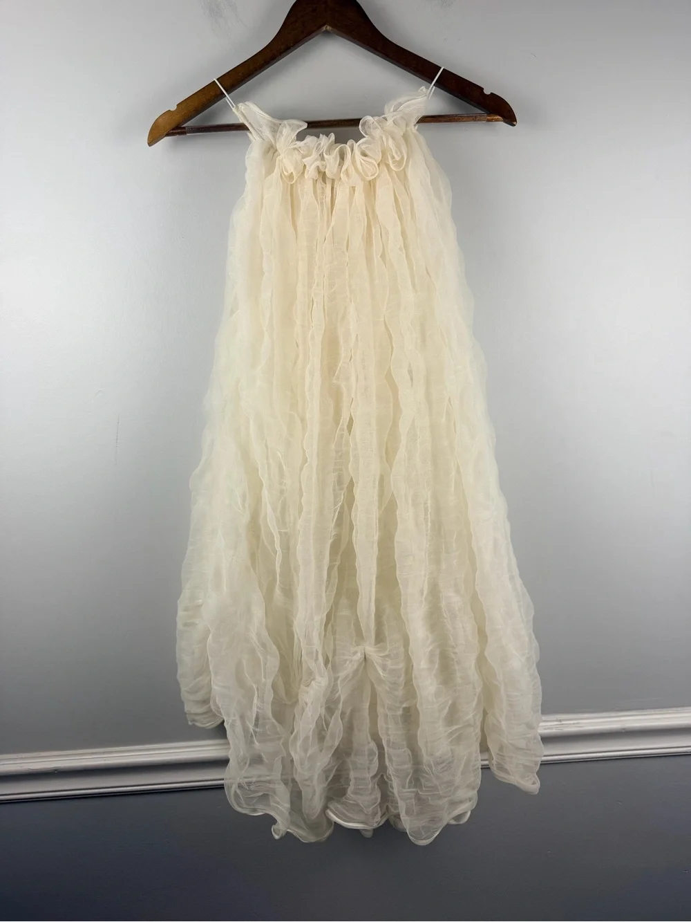 Things cream white ruffle tulle babydoll sheer mini dress size small - Picture 5 of 5